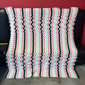 Afghan Blanket Hand Knit Jade Green Pink Blue White Huge 63" x 64" Vintage MCM